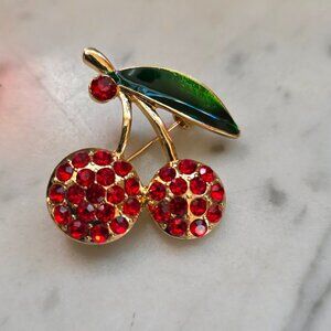 Vintage Cherry Rhinestone Brooch Red Crystal Fruit Pin Gold Tone Retro Jewelry